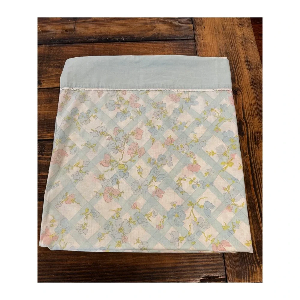 Sears Flat Sheet Full‎ Size Blue Pink Floral Lattice Vintage Lace Trim Good